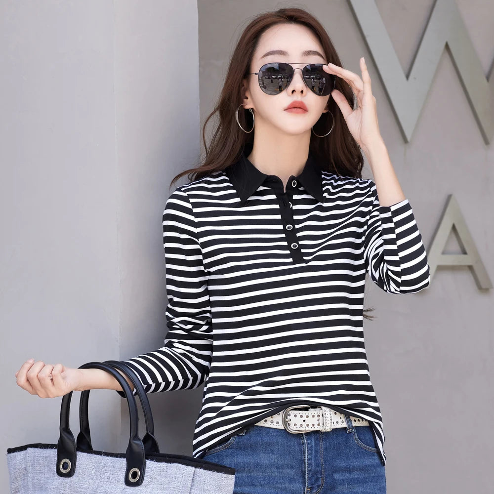 Korean Fashion Long Sleeve Cotton Polo Shirt Women Stretch Plus Size Autumn Slim Knitted Polo For Women Striped T shirt