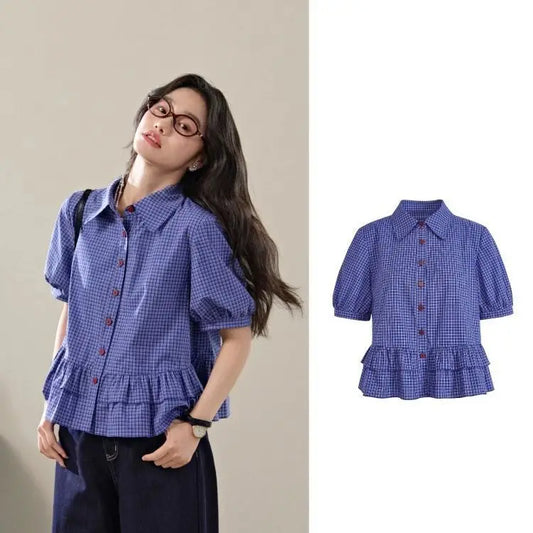 Blue Plaid Short Shirt Women's Spring Summer New Miu Style Ruffle Sleeve Top Female Fashionable Casual Business Workwear