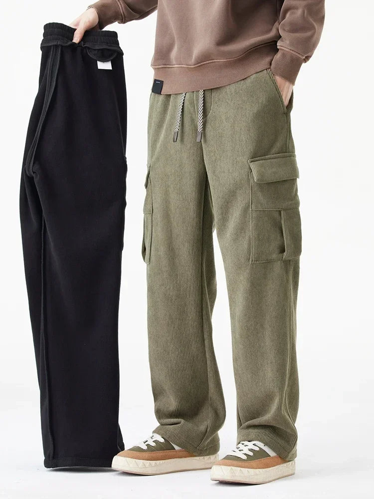 Winter Woolen Cargo Pants Thickened Men Casual Pants Solid Trousers Straight Leg Outdoors Streetwear Comfortable Fabric Unisex