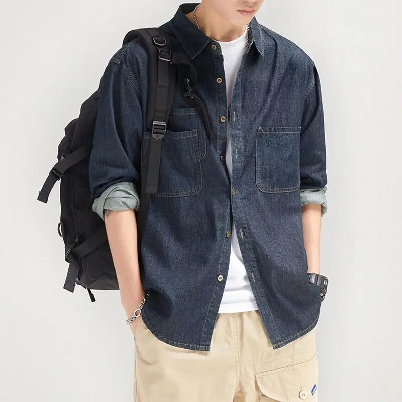Denim Shirt Men's Long Sleeve Spring and Autumn Boys Japanese Retro Ruffian Handsome Tooling Shirt Gown Casual Jacket Men