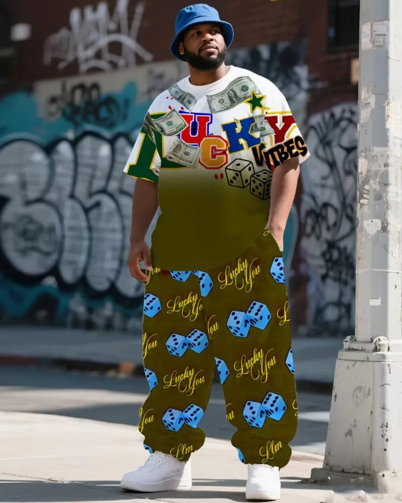9XL Plus Size Men's Hip Hop Graffiti Lucky Sieve Graphic T-Shirt & Pants Set - Soft Breathable Streetwear Outfit