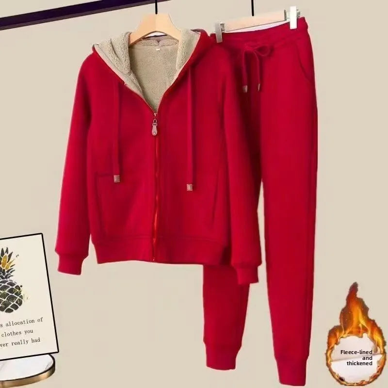 Thickened Fleece Hooded Long Sleeve Sports Casual Set Women Winter Style Cleanfit Short Jacket Trendy Sports Pants