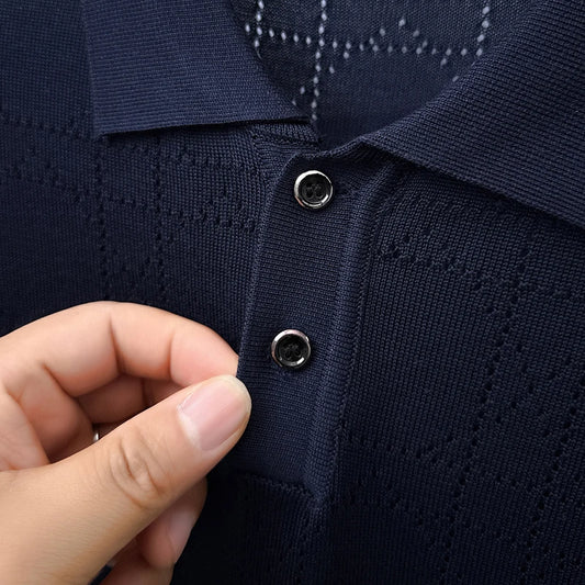 Summer Knitted Short-Sleeved Polo Shirt Lapel Button Argyle Pinhole Casual Breathable Old Money Style Solid Color Mens Clothing