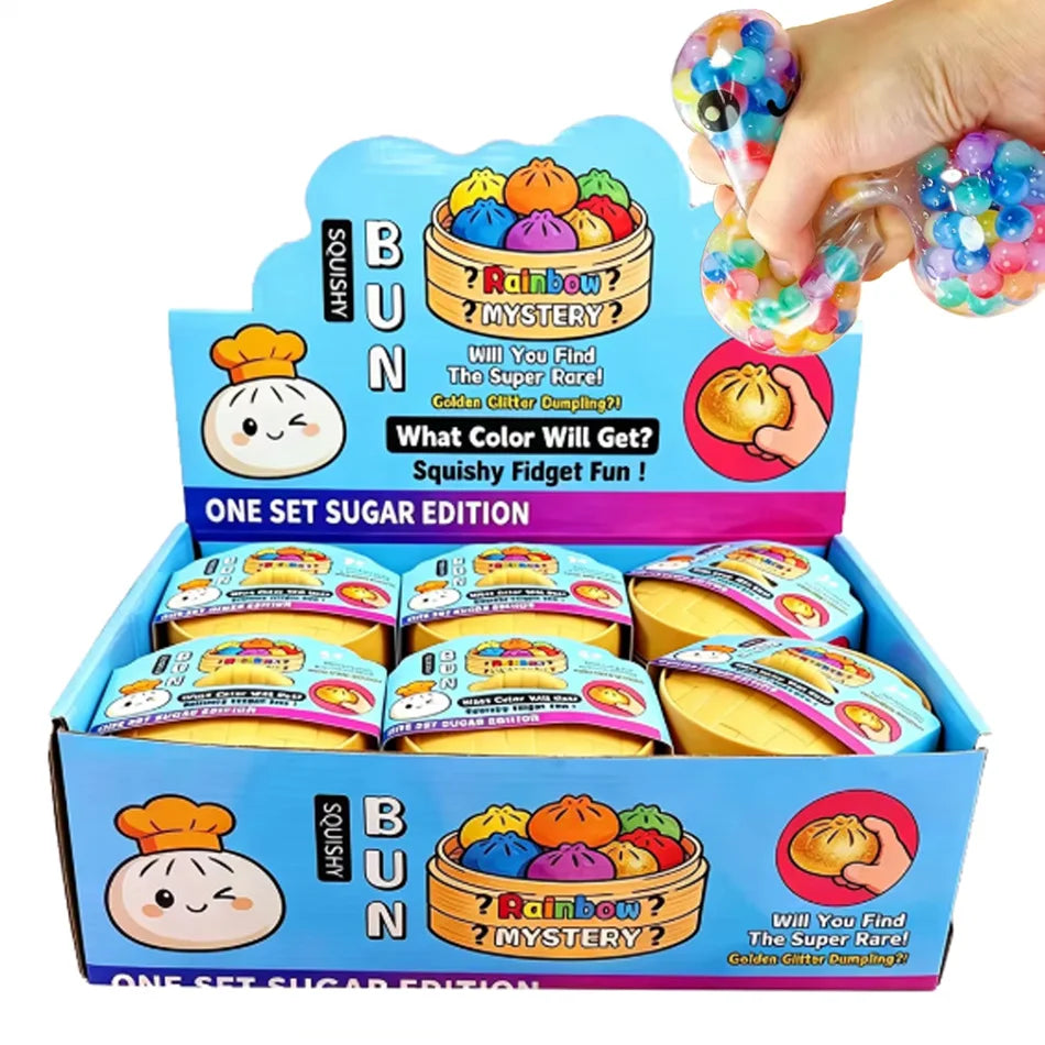 Rainbow Dumpling Squishy with Bead Sensory Squeeze Toy for Stress Relief with Bamboo Steamer Funny Gift