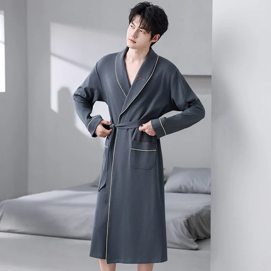 Spring Autumn Bathrobe Men 100% Cotton sleep top Kimono Robes For Male Solid Robes Long Bath Robe Bridegroom Robe Dressing Gown