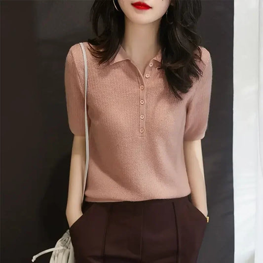 Yellow Polo Neck Shirt Button Knit Pink Women's T Shirts Plain Top Clothes Short Sleeve Tee New Synthetic Aesthetic Summer 2025
