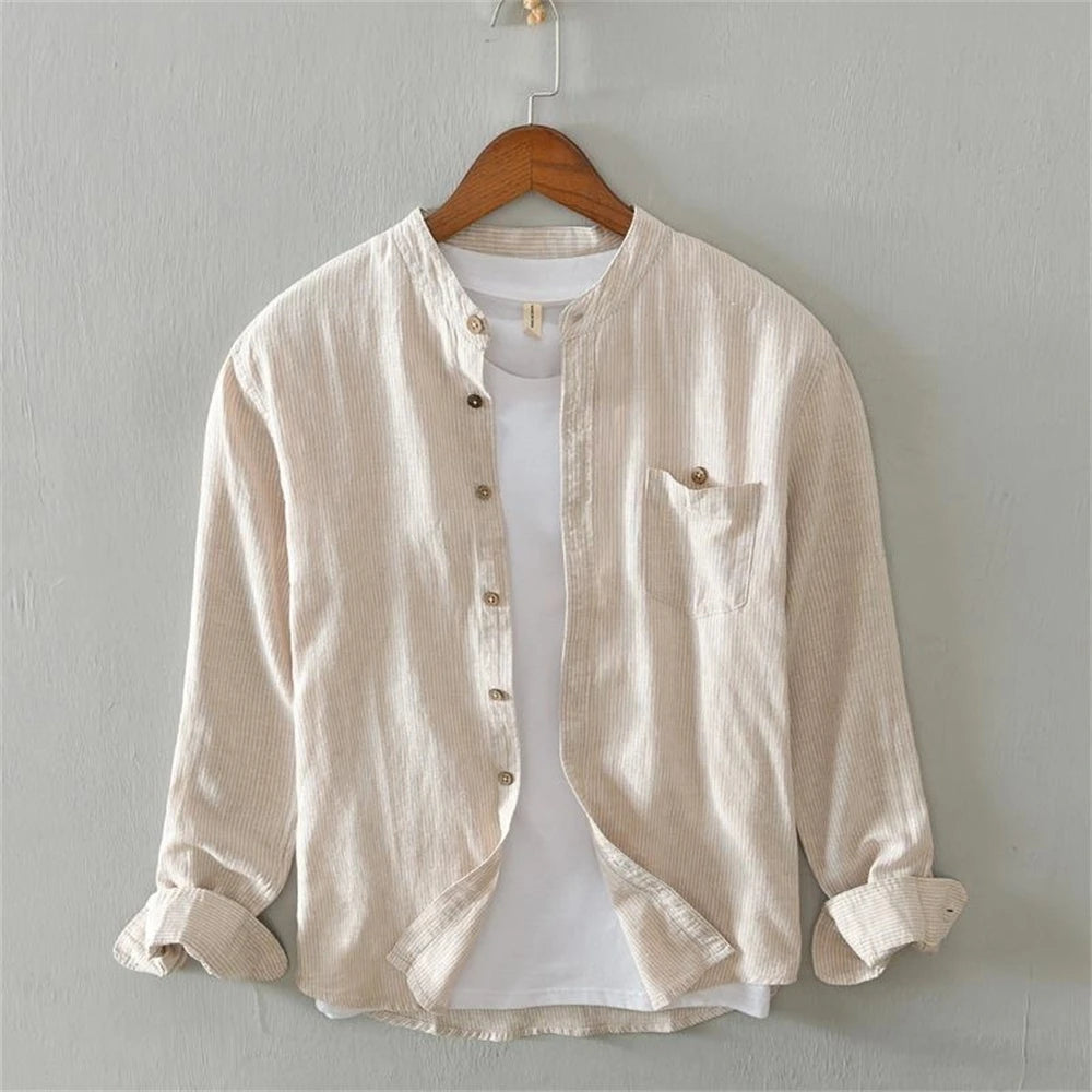 Mens Long Sleeve Business Casual Slim Fit Shirt Spring Autumn Stripe Cotton Linen Blend shirts Daily Commute Breathable tops