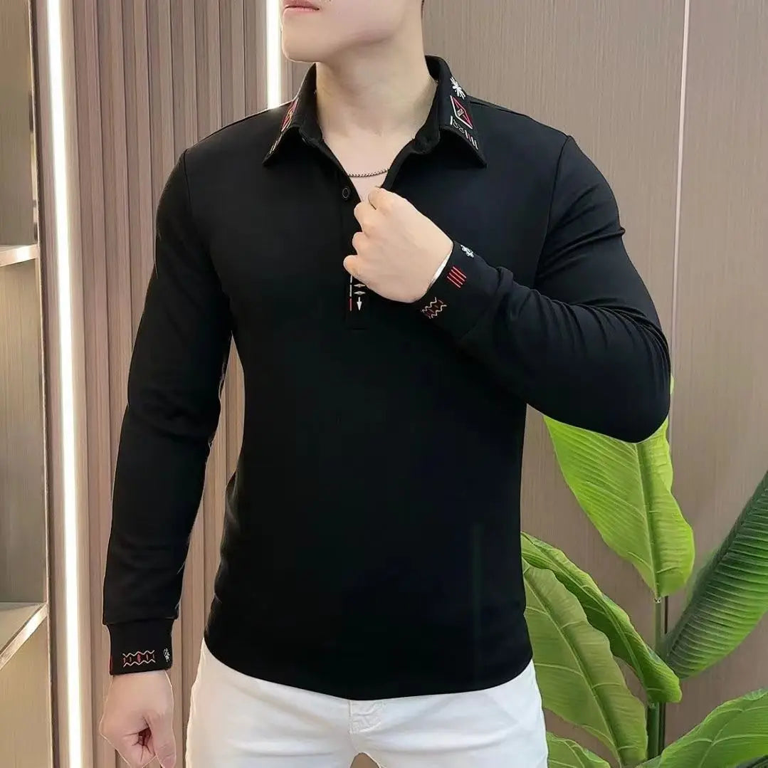 Men’s Casual Long Sleeve Polo Shirt Slim Fit with Embroidery Autumn Turn Down Collar Top Versatile Daily Outfit
