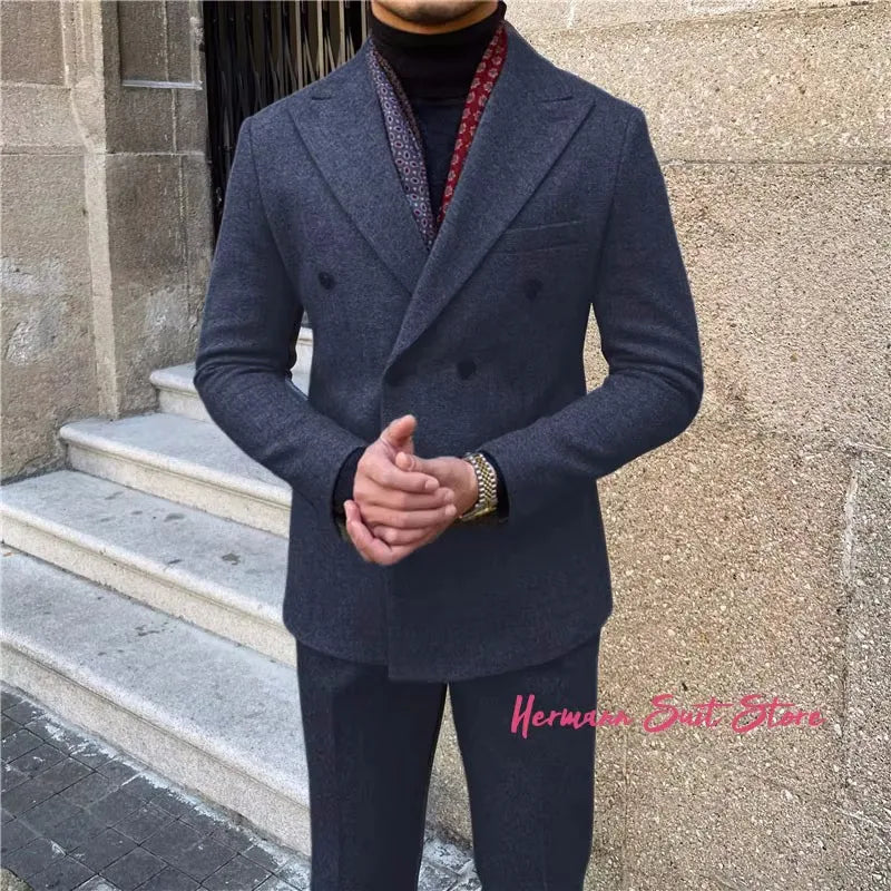 Wool Blend Men's 2 Piece Suit Set(Jacket+Pants) Double Breasted Lapel Suit Set Wedding Prom Dinner Wrok Travel Dinner Banquet