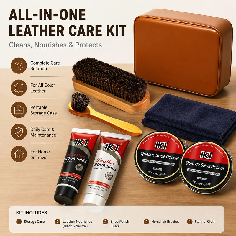 Leather Shoe Care Kit with Black And Colorless Shoe Polish 2 Black Solid Shoe Wax Two Horse Hair Brushes And Flannel Cloth