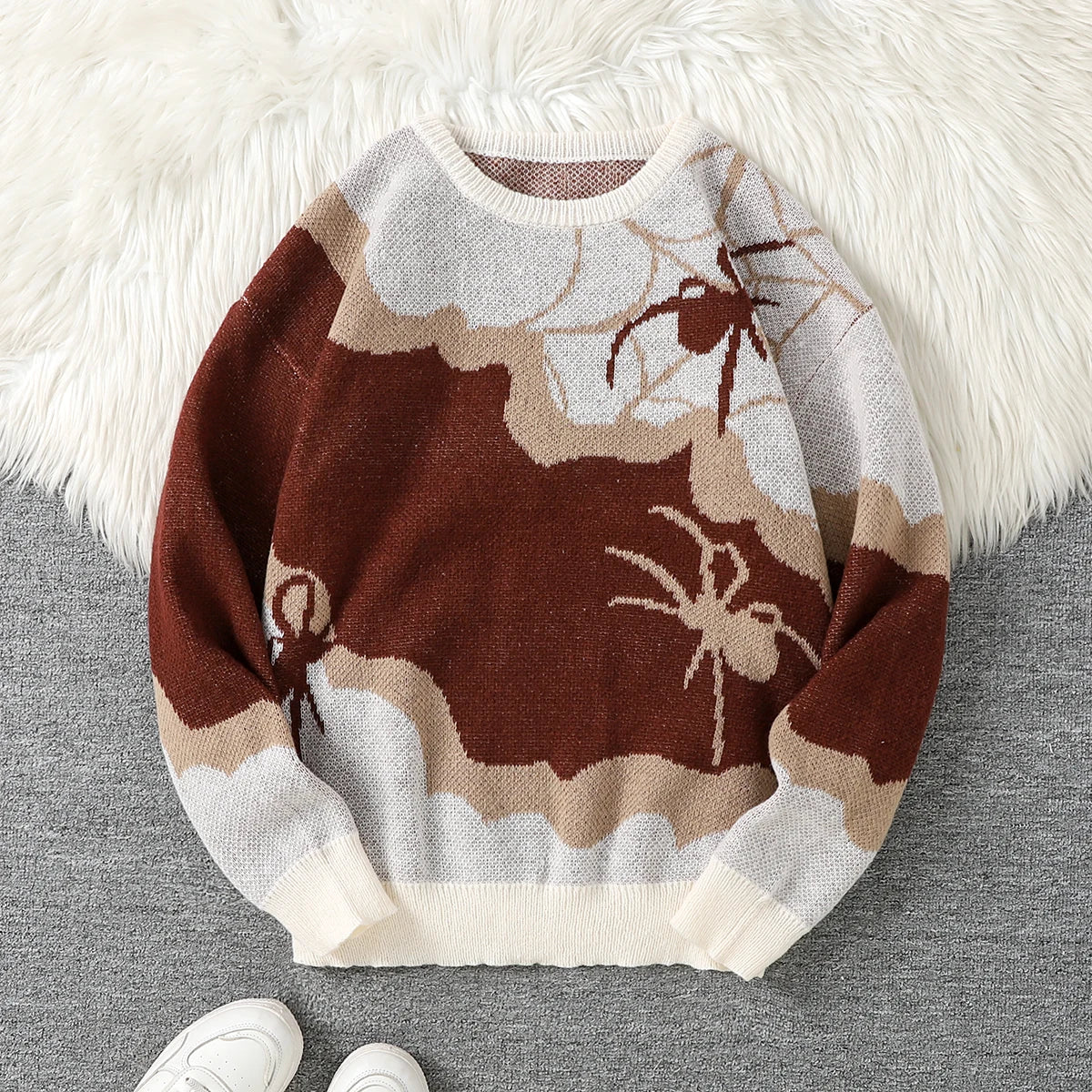 Double-Sided Spider Jacquard Knit Men's Sweater, Designed with Patchwork, Crew Neck, Long Sleeves, Regular Fit, Suitable for Couples, Perfect for Autumn and Winter