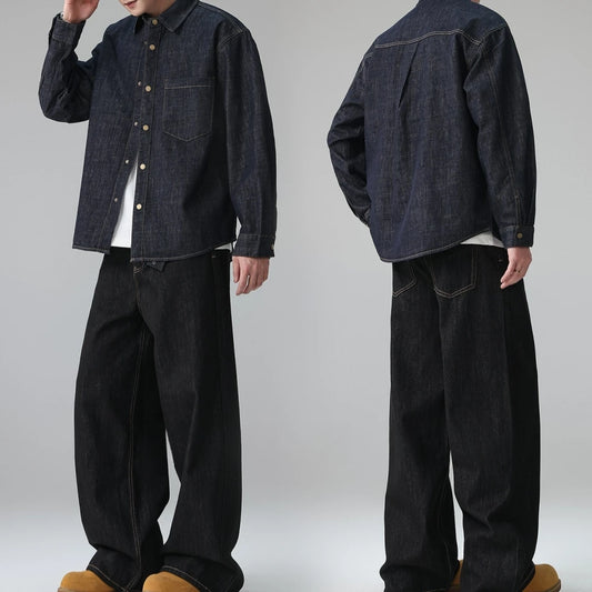 Mens Raw Denim Shirt American High Street Plus Size Oversized Long Sleeve Button Down Spring Autumn Trendy Casual Blue Tops