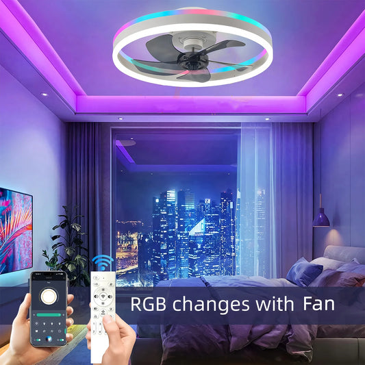 RGB Ceiling Lamp Fan Nordic Smart Remote Control Silent Ceiling Fan with Light Dimmable Home Atmosphere Lighting Decoration