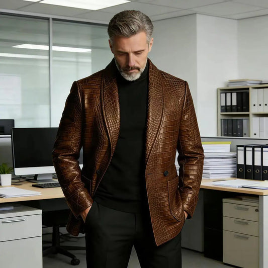 Men's Crocodile Embossed Leather Blazer Double Breasted Business Casual Brown Jacket Office Wear Formal Plus Size Suit Coat