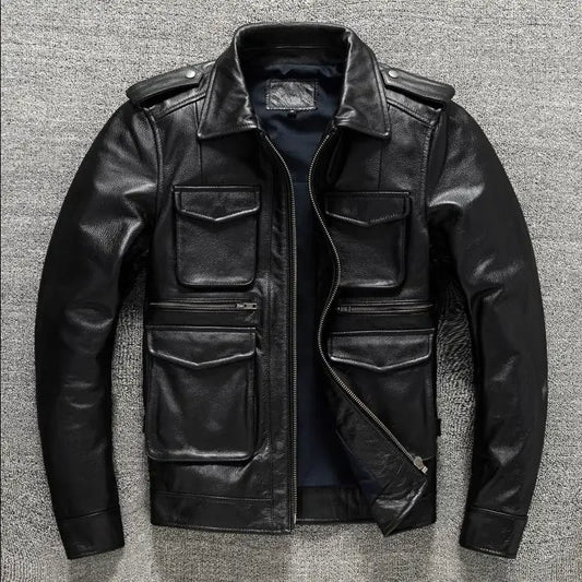 Military M65 Jackets For Men Heavy Black Genuine Leather Jacket Lapel Motorcycle Top Layer Cowhide Hunting Fashion Slim Coat Man