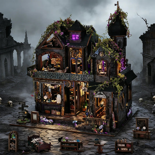 Book Nook Kit Castle of Magic Wooden DIY Dollhouse with Light Dynamic Music Bookshelf Insert 3D Puzzle Decor for Gift