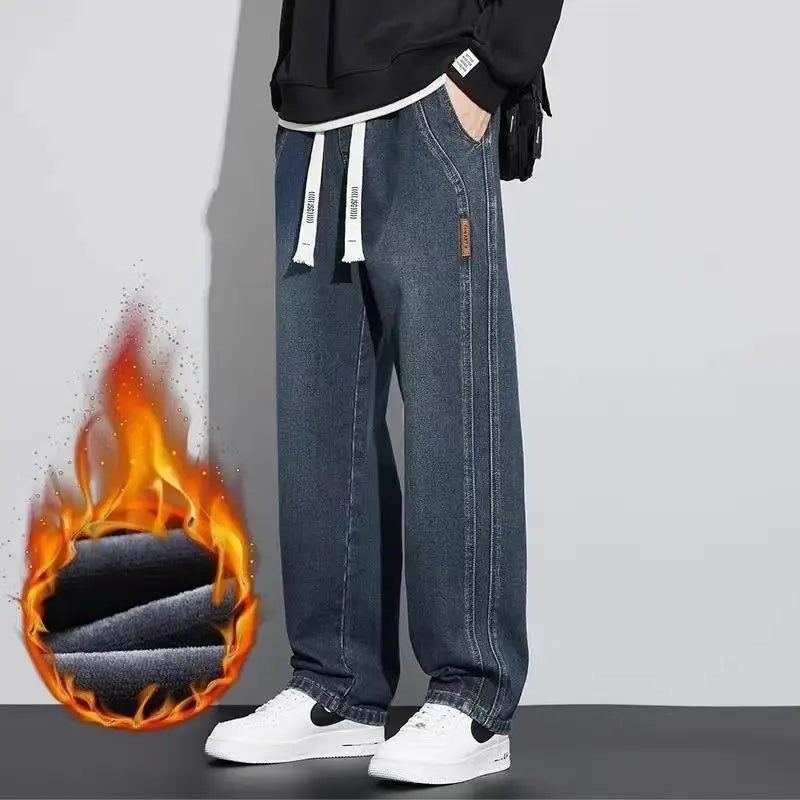 Retro American Wide Leg Men's Jeans Straight Thickened Fleece Loose Autumn Winter Wear Resistant Long Trousers Cotton Elastic...