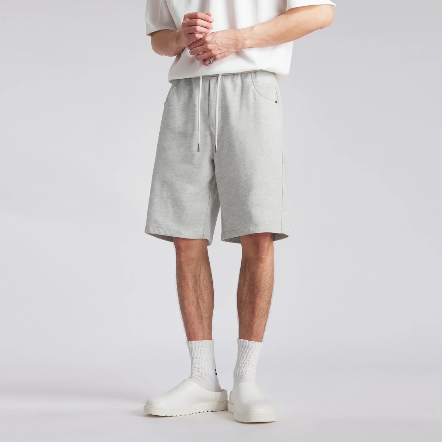 Men's Draped Ice Silk Casual Shorts Summer Solid Color Loose Drawstring Elastic Waist Wide Leg Five Points Sports Middle Pants