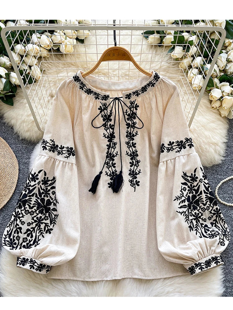 Women Bohemian Blouse Embroidered Lace Up V- Neck Lantern Sleeve Blouse Autumn Embroidery Linen-cotton Blend Female Top D78