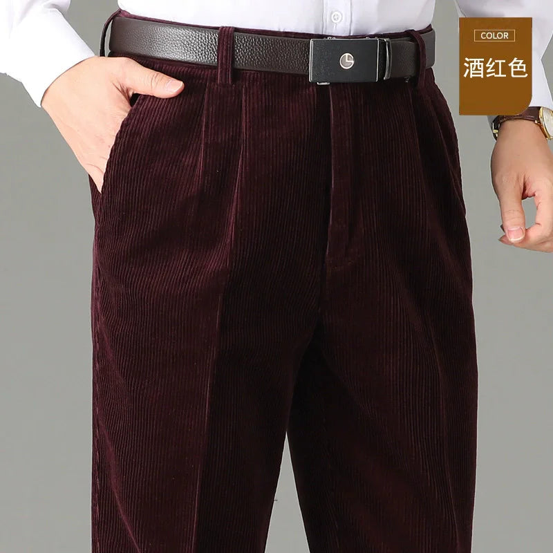 High Waist Double Pleated Winter Corduroy Pants Men Straight Loose 100% Cotton Autumn Casual Mens Trousers Size 44 46 48 50