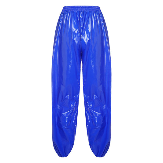 Mens Shiny Y2K Drawstring Jogging Pants Waterproof Elastic Waistband Side Pockets Track Baggy Glossy Pants Hip Hop Trousers