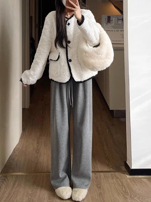 Ultra-Thick Lamb Velvet Fleece Lined Loose Cotton Pants Women's Autumn Winter Casual Sports Small Size Wide Leg Thermal Pants