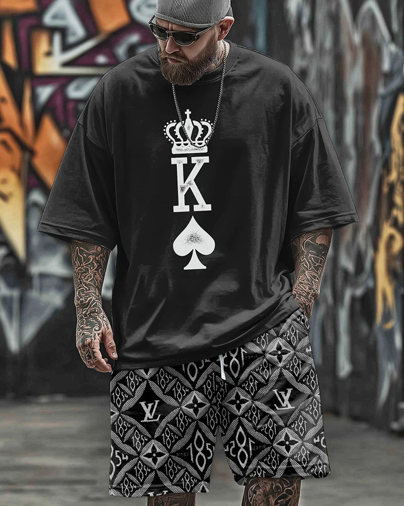 S-9XL Plus Size Men's Streetwear 2 Piece Outfit, King of Spades KING Crown Graphic Print Short Sleeve T-Shirt and Shorts Set