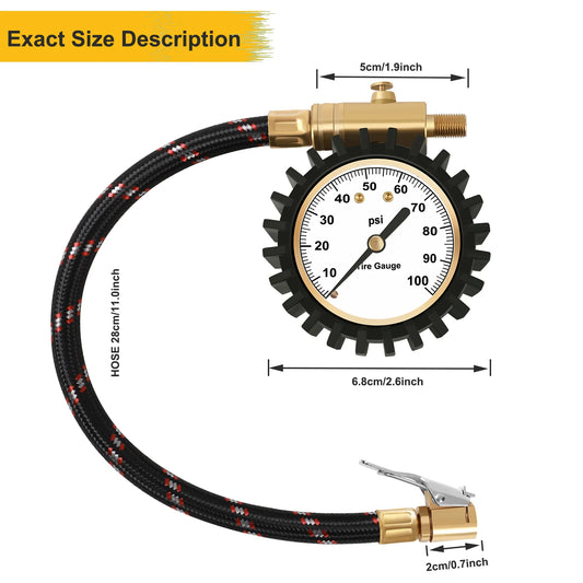 Tire Pressure Gauge 100psi with Clip On Chuck ATsafepro 2 inch Dial Accuracy Analog Tire Gauge Convenient Pressure Reading