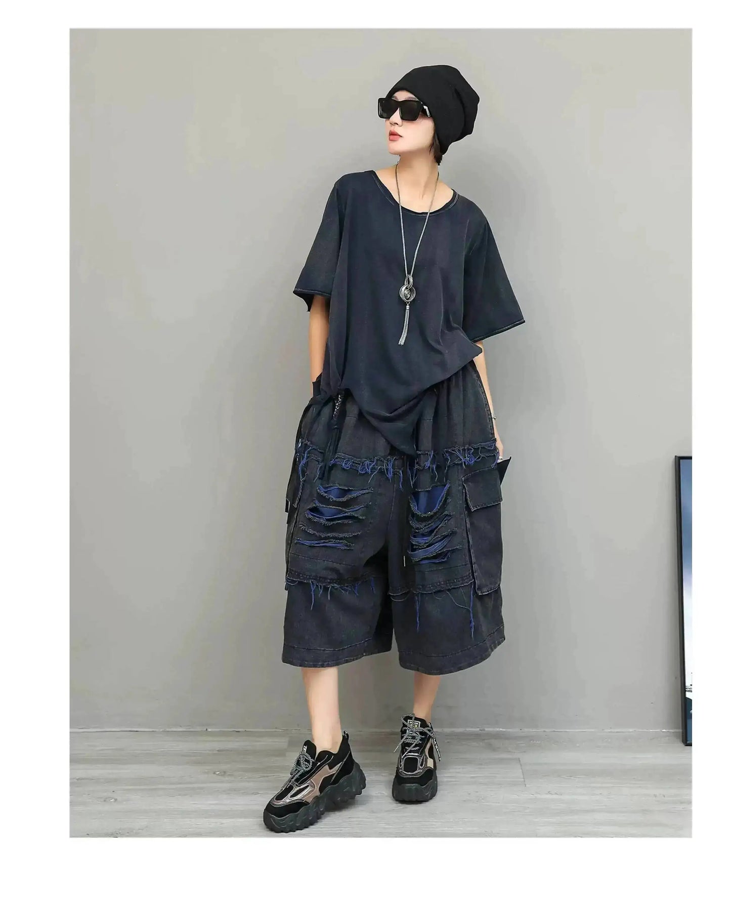 Trendy Cool Fashion Top Women Distressed Asymmetrical Mid-length T-shirt Loose LX5861