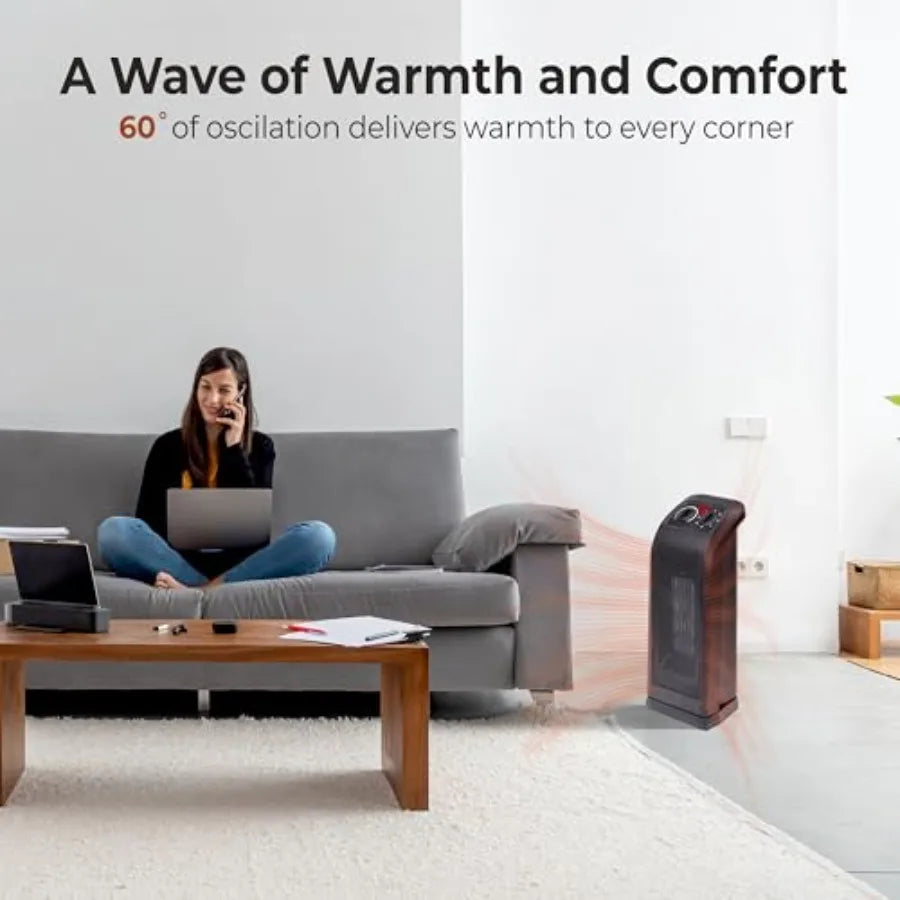 18" Tower Space Heater with PTC Heating Element 1500W/900W Dual Heat 60° Oscillation Adjustable Thermostat Fan-Only Mode Overhe