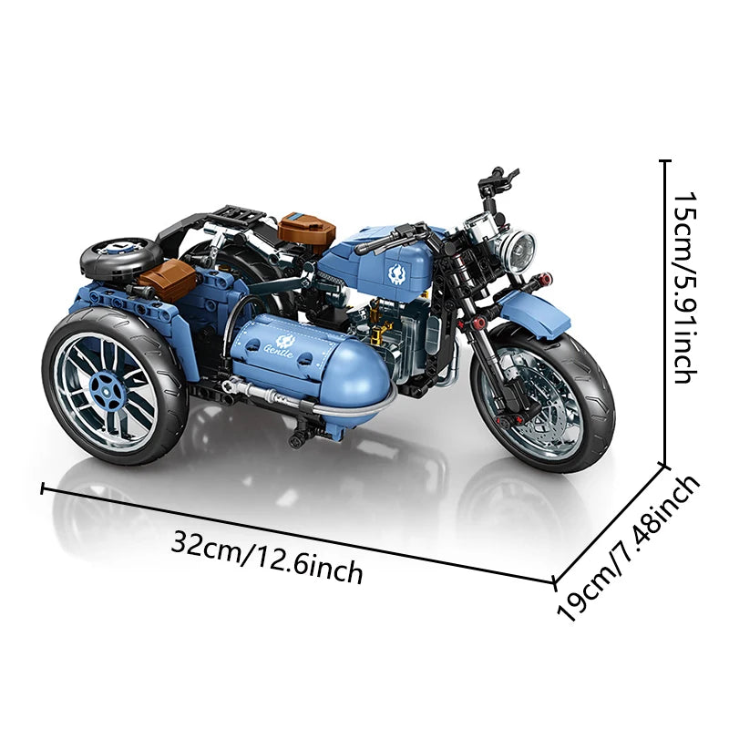 Retro Sidecar Motorcycle Building Blocks Set Vintage Trike Motorbike Model with Side Car, DIY Assembly Bricks Toy
