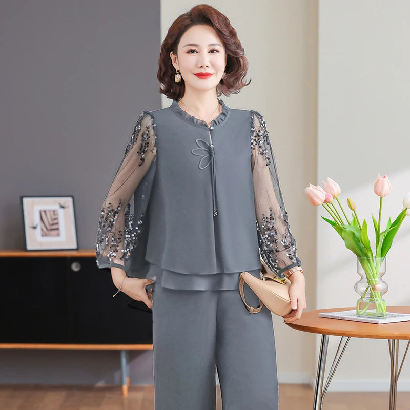 New 2026 Summer Fashionable Thin Two-Piece Set for Older Women Age-Defying Trendy Top And Bottom Ensemble Polyester Fiber