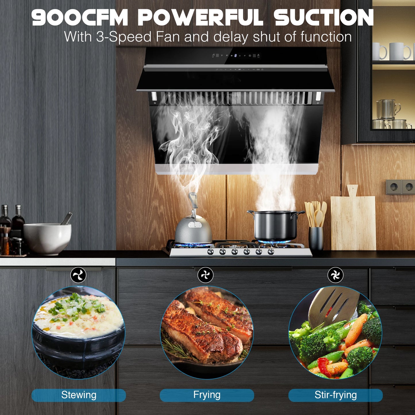 900CFM 30"Under Cabinet/Wall Mount Range Hood w/Heated Auto-Clean Gesture&Touch Control Tempered Glass 3-Speed & Baffle Filter