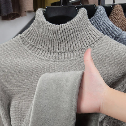 Luxury Man Long-Sleeved Knitwear High Neck Fleece-Lined Thickened Solid Color European American Style Sweater Leisure Men's Wear