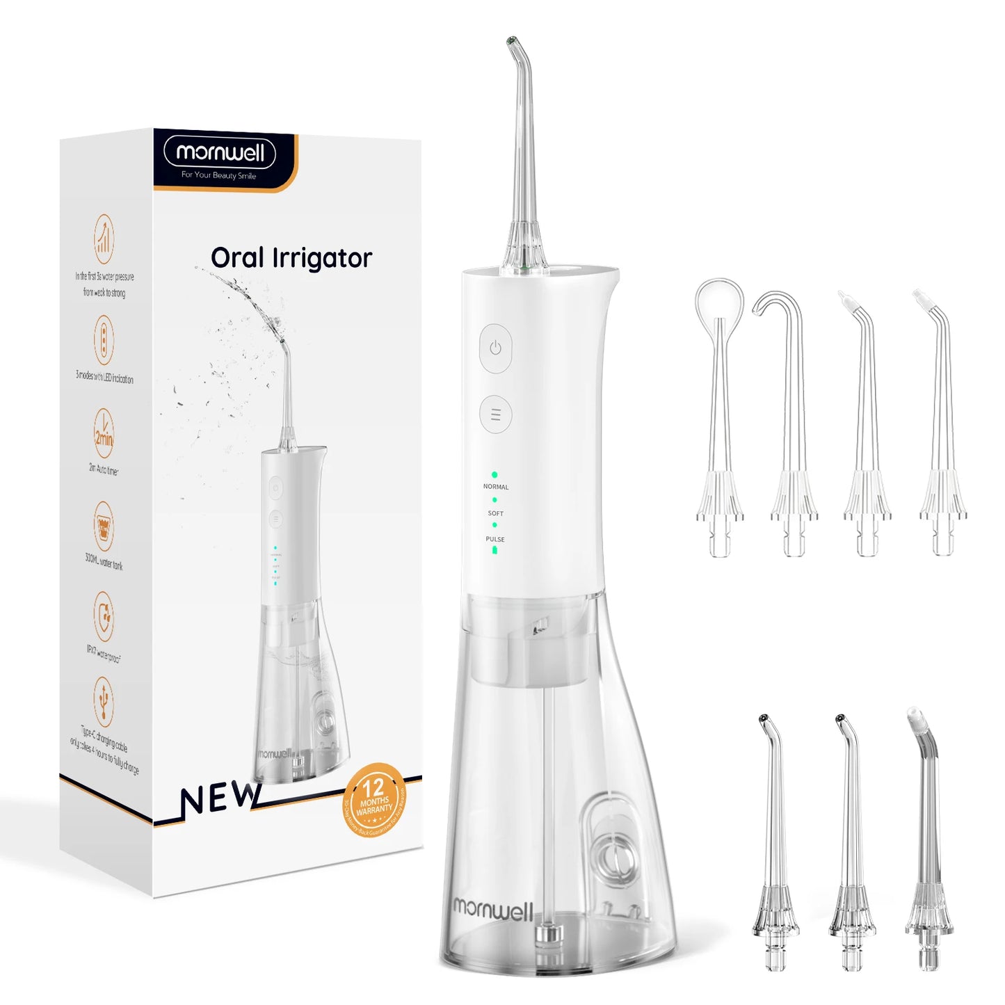 Mornwell F29 Water Flosser 3 Mode Water Jet With 3 Nozzles for Teeth Rechargeable Portable 180ML Water Tank Teeth Cleaner