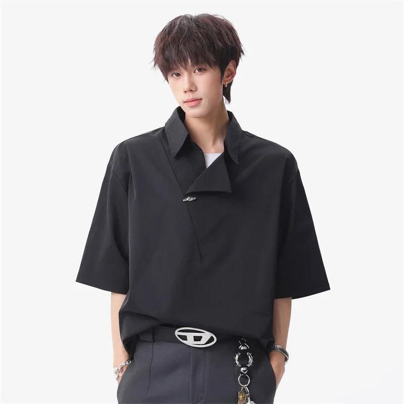 Summer Men's Metal Button Solid Color Lapel Polo Shirts Retro High Street Asymmetrical Oversized Tshirts Y2K Casual Fashion Tops