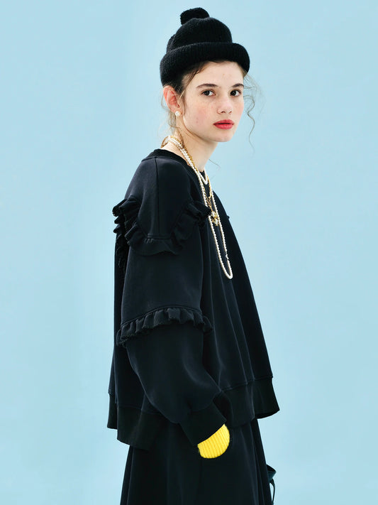 imakokoni 2025 Autumn Artistic Lace Long-Sleeve Black Pullover Double-Sided Air-Layer Sweatshirt 255229