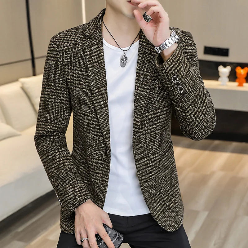 High-quality Men's Fashionable Small Suit Korean-style Slim-fit Top, Cool and Casual Plaid Single Suit, Trendy Formal Jacket