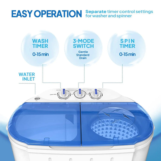 Portable Washing Machine - Compact Twin Tub Mini Washer & Spin Dryer Combo with Built-in Gravity Drain, 110V Electric Laundry Machine for Apartments, Dorms, RV, Camping - Energy Efficient, Quiet, Space Saving, No Installation