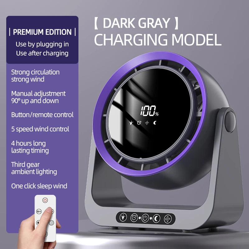 Desktop Circulating Fan 4000 mAh Large Capacity Rechargeable Mini Table Fan With Remote Control Wall-mounted Fan With NightLight