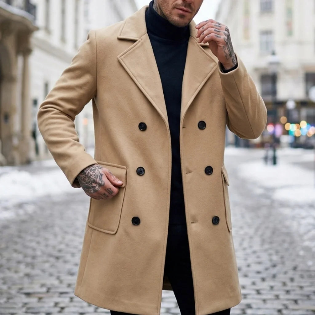 New Winter Men's Double-Breasted Knee-Length Trench Coat Windproof Lined Multi-Pocket Jakcets Business Casual Streetwear Coat