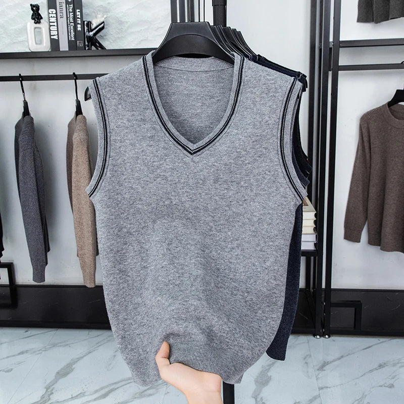 Autumn and Winter Solid Color Knitted V-neck Tank Top Men's Sleeveless Tank Top Warm Tank Top Middle Aged Shoulder Sweater