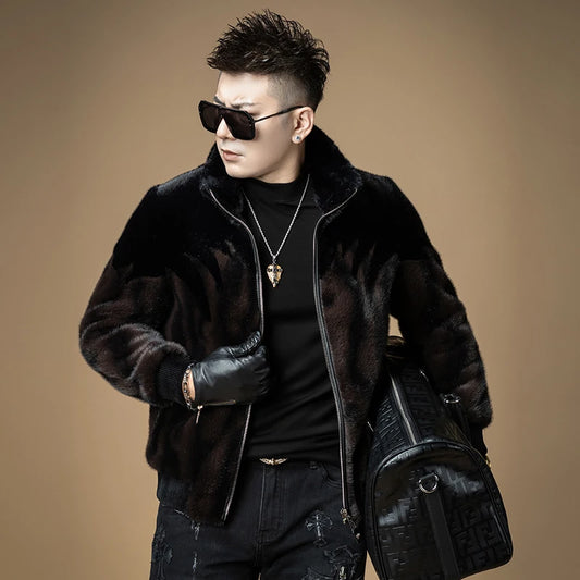 High-End Luxury Men's Fur Coat Winter Thick Warm Gold Mink Velvet Jacket Upper Body Clothing Polyester Fiber Long Sleeve Zipper