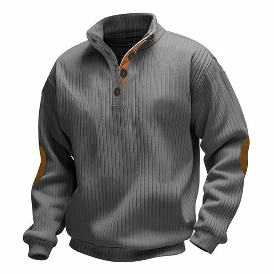 Men's Ribbed Henley Sweater Half Zip Pullover with Elbow Patches Stand Collar Long Sleeve Casual Retro Autumn Top