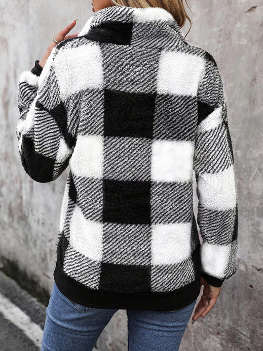 Women's Plaid Print Half Zip Drop Shoulder Fuzzy Sweatshirt, Casual Long Sleeve Collared Pullover for Fall and Winter