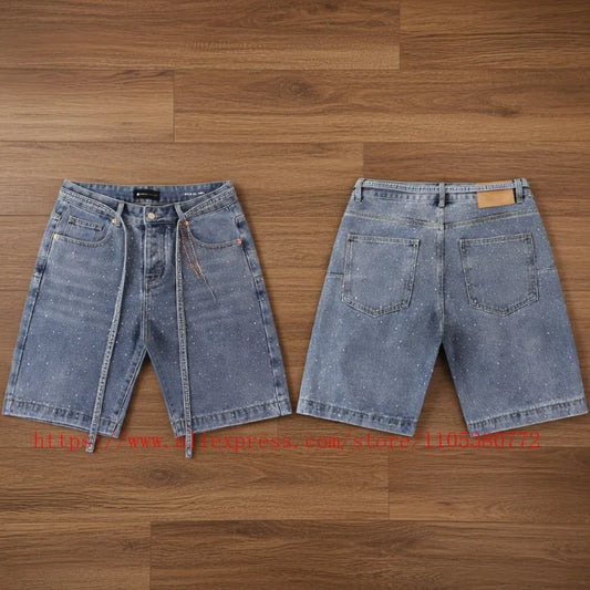 American Fashion Rhinestone-decorated Denim Shorts for Men Y2K Washed Blue Loose Denim Shorts Street Style Summer Casual Shorts