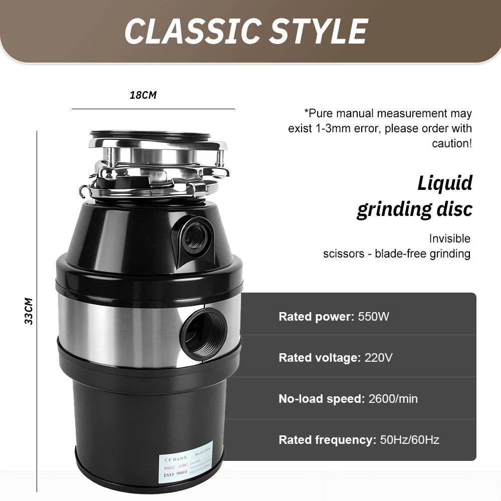 Electric Kitchen Food Waste Disposer Heavy-duty Under Sink Grind Garbage Disposal Unit Food Waste Grinder Machine 220V 550W