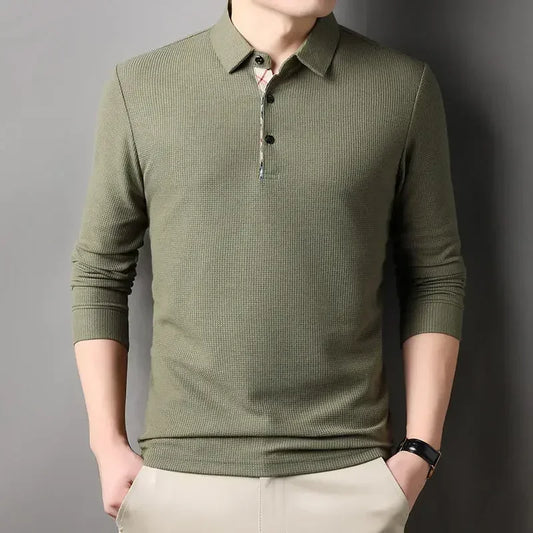 Male Clothes Beige T Polo Shirts for Men Waffle Tops Pullover Y2k High Brand Casual Harajuku Fashion Polyester Long Sleeve F