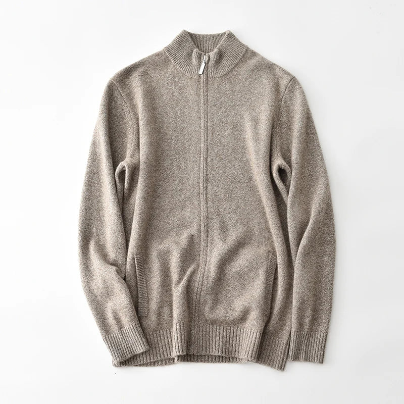 New 100% pure cashmere sweater sweater coat men's semi-high-necked zipper cardigan floral yarn padded warm coat