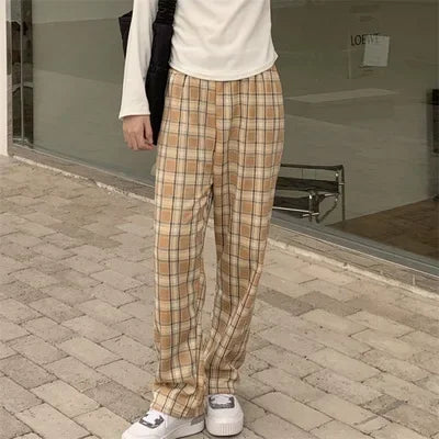 Women Plaid Pants High Waist Wide Leg Flared Trousers Thick Fleece Lined Winter Thermal Lounge Casual Straight Leg Bottoms